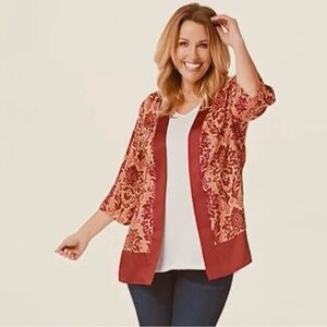 New Susan Graver Red Printed Woven Open-Front Cardigan Size S